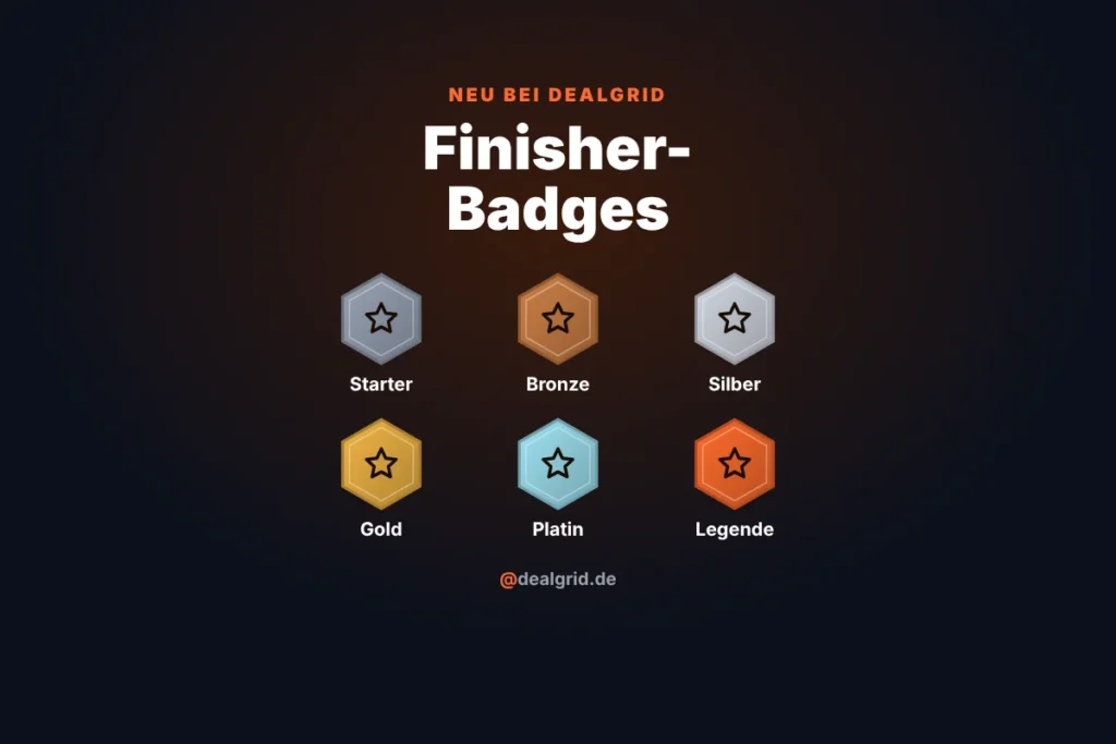 Die sechs Sammlerstufen der DealGrid Finisher-Badges von Starter bis Legende